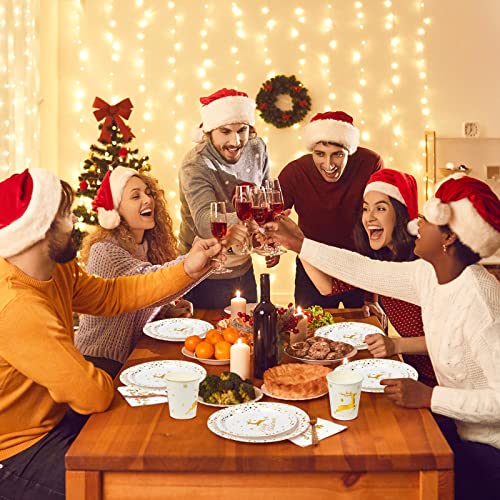 175 Pcs Merry Christmas Party Dinnerware Foil Dots Christmas Paper Plates Set Elk Disposable Xmas Plates Napkins Cups For New Year Wedding Birthday Baby Shower Party Supplies Decor (White Gold) #TOP5