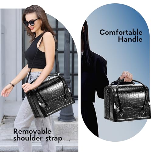 Foto von Kosmetikkoffer Schminkkoffer Große Make-Up Tasche Kosmetik Multikoffer, Faltbare Und Abnehmbare Kunststoffebox Innen, Mit Schultergurt, Glanz Schwarz