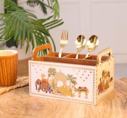 Image of Multipurpose MDF Wooden Cutlery Holder| Enamel Coated |Waterproof Spoon Stand with 4 Compartments for Kitchen, Dining Table & Home Decor (Royal Camel)