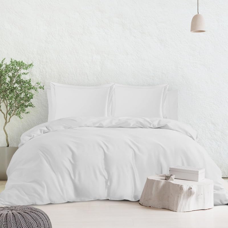 3 Piece Oversized Queen Size Duvet Cover - 600 Thread Count, 1 Duvet Cover 2 Pillows Covers, Premium, Soft, Cooling & Breathable Duvet Cover, Zipper Closure and Corner Ties - White