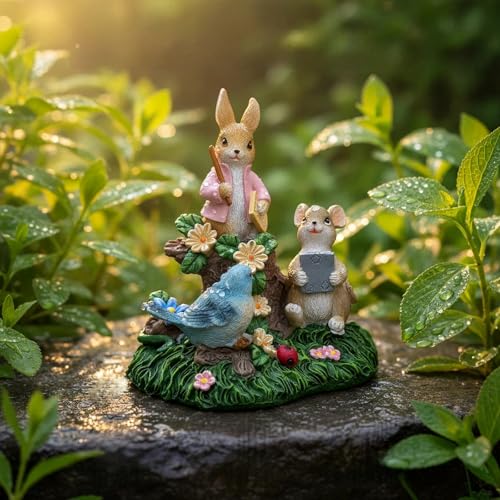 Estatua decorativa de resina conejo ratón y pájaro jardín miniatura 3