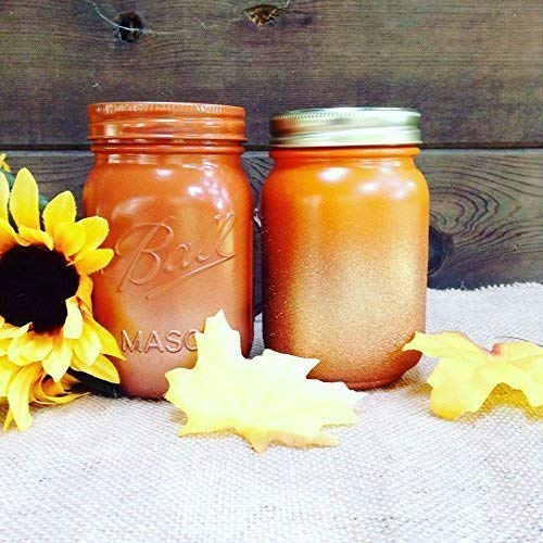 Set of 2 Rustic Fall Theme and Copper Gold Glitter Painted Mason Jars Centerpieces