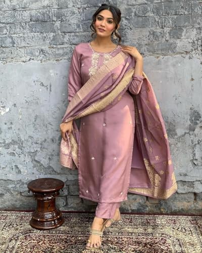 Image of Shiv Textiles Women's Chanderi Silk Embroidered Kurta Pant Dupatta Set(JDA-Vanni-Onion-M)