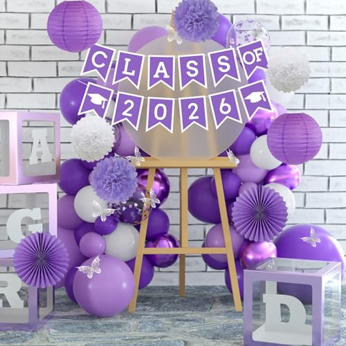 Image of Purple White Graduation Party Decoration Class Banner Hanging Pom Poms Flowers High School College Grad Supplies