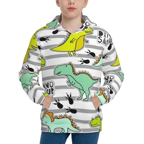 Funny Dinosaurs on Stripes Kids Pullover Hoodies Boys Sweatshirts Girls Athletic Clothes with Pocket