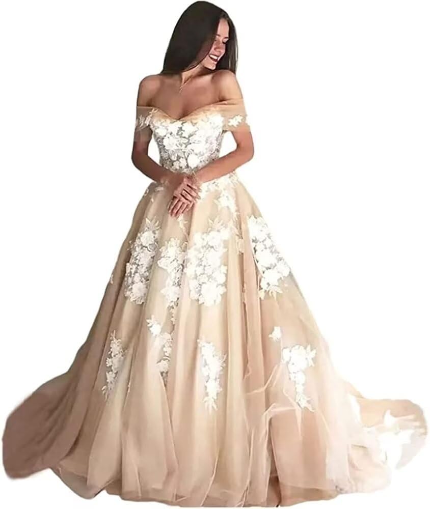 Floral lace champagnelining Sweetheart Women Bridal Ball Gown with Train Wedding Dress for Bride Long Plus Size