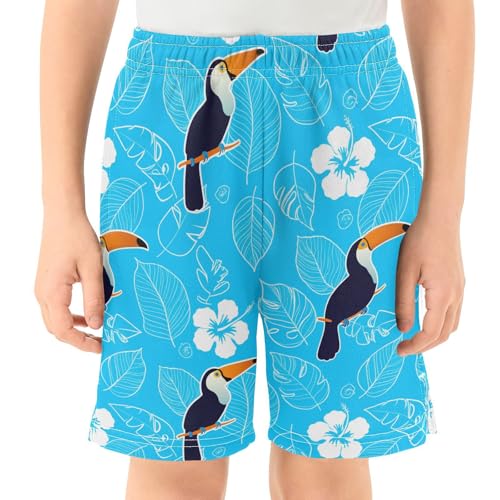 J JOYSAY Toucan Hibiscus Leaves Boys Athletic Shorts Kids Youth Casual Shotrs with Pockets Elastic Waistband2