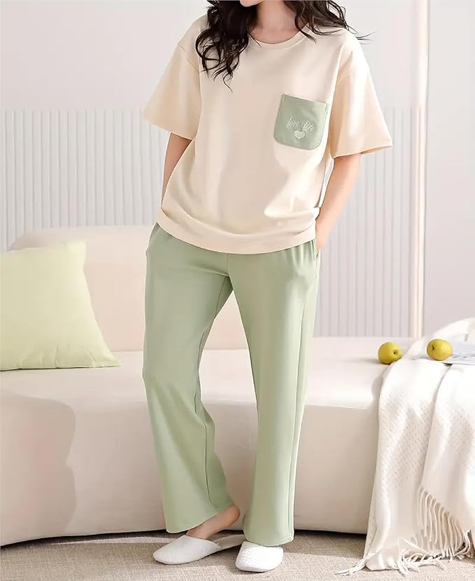Image of Women Printed T-Shirt and Track Pant Set | Cotton Co-Ord Night Suit for Women | Lounge Wear, Sleepwear, Gym Wear | Half Sleeve Top & Elastic Waist Joggers | Stylish