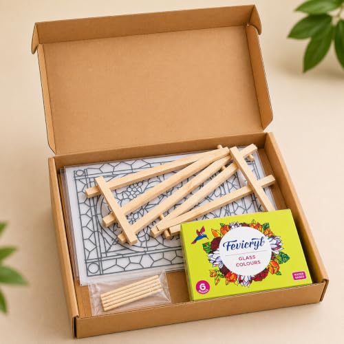 Image of The brown box Glass Painting Kit for Adults & Teens | DIY Stained Glass Art Craft Kit with 2 Printed Designs, Fevicryl Glass Colours, Easel Stand & Tools | Home Decor, Hobby Art, Gift Set