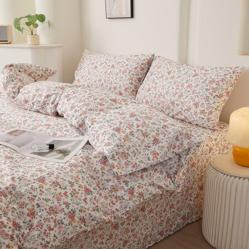 Image of Vintage Pink Floral Cottagecore Comforter Set Queen with 2 Pillowcases | Soft Lightweight Bedding Coquette Comforter Aesthetic Flowers Botanical Comforter Set for Teens Girls Women