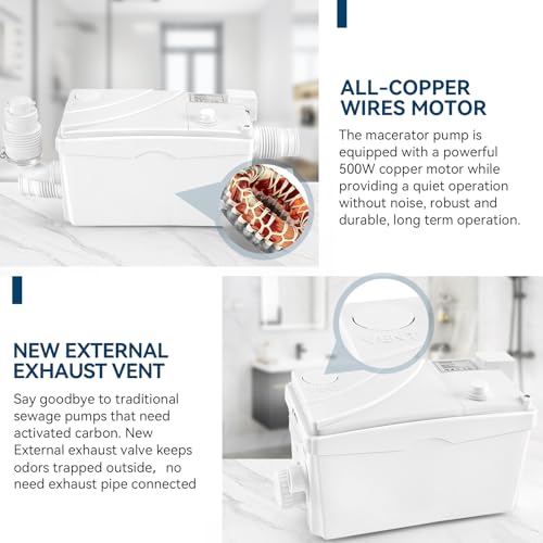 Image of 500W Utility Sink Pump with PCB Function Upgrade Structure Upflush to 23FT 1600GPH Under Sink Pump with 3 Water Inlets 1 Outlet Macerating Toilet System for Sink Shower Urinal Kitchen Basement