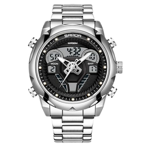rorios Digital Analog Quarz Uhren für Herren 50M wasserdichte Armbanduhr Männer Stoppuhr Multifunktional Edelstahl Uhr Casual Herrenuhren Militär Elektronische Uhr Silber A