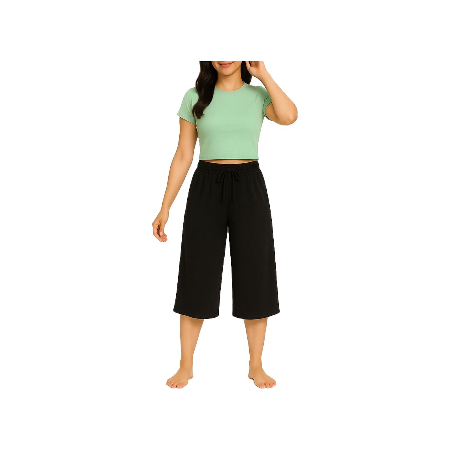 Womens Plain 3/4th Capri For Girls Elastic Drawstring Waist Single Pack Black-image-4
