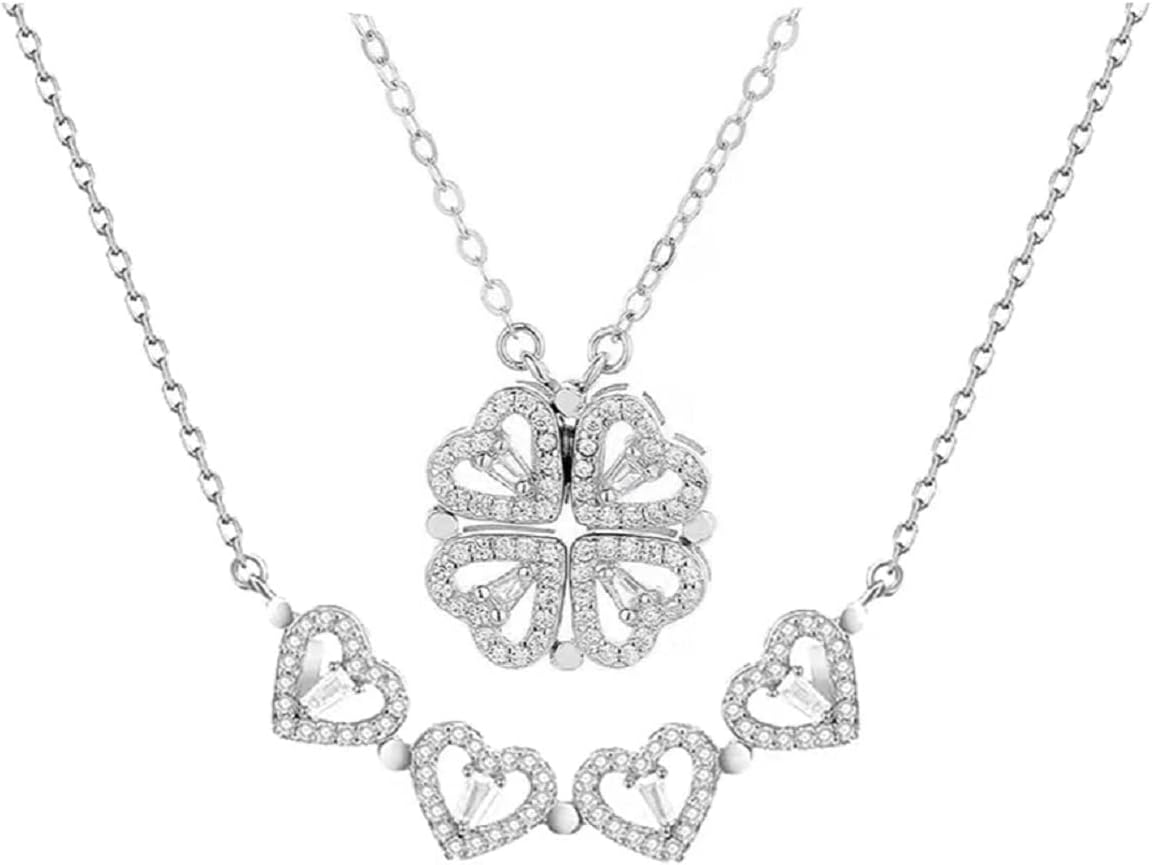 Sterling Silver Heart Shaped and Four Leaf Clover Convertible Pendant Necklace Crystals Jewelry for Women