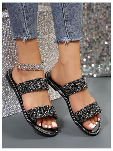 Verdusa Women's PU Leather Rhinestone Slippers Two Strap Open Toe Slip on Flat Sandals4