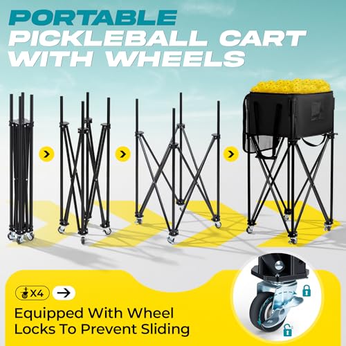 Paddyn Pickleball Cart With Wheels, Foldable Tennis Ball Hopper Basket, Lightweight Ball Caddy With Zippered Mesh Lid, Portable Sports Ball Storage For Outdoor Court, Home Training, Kids Youth Adults