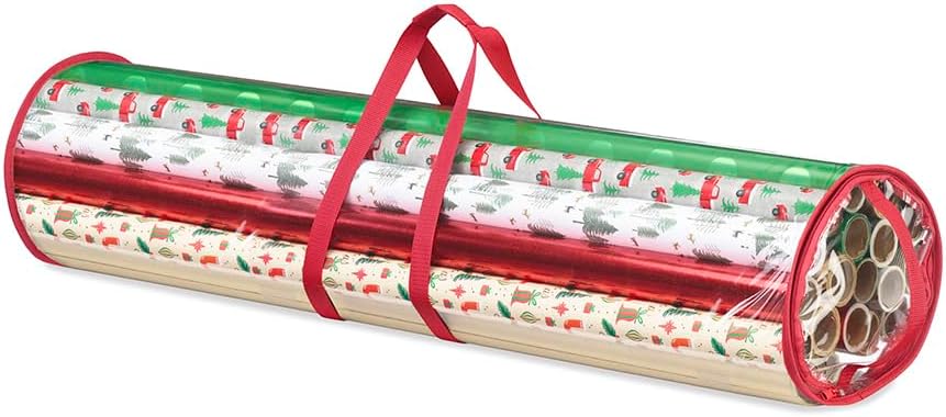 Whitmor Gift Wrap Storage Organizer with Handles & Zipper, 41", Clear/Red