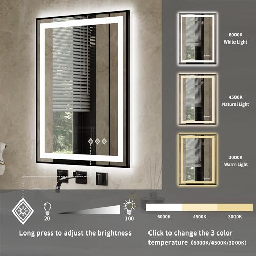 Vanpokins VPGFB001 Led Bathroom Mirror, 24X32 Inch Black Framed Gradient Front And Backlit Led Mirror For Bathroom, 3 Colors Dimmable Cri>90, Ip54 Enhanced Anti-Fog Wall Mounted Lighted Vanity Mirror thumb #4