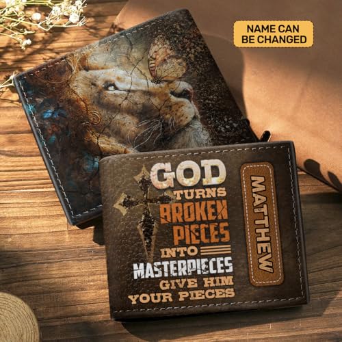 Personalized Leather Wallet for Men - Custom Folded Wallet Gift for Dad, Husband - Father’s Day, Birthday, Anniversary (God Turns Broken Pieces Into Masterpieces)2