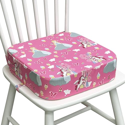 Toddler Booster Seat for Dining Table, Waterproof Kids Booster Seat for Kitchen Chair, High Density Foam Cushion with Non-Slip Bottom, Washable Cover &amp; Adjustable Straps (Pink Castle)