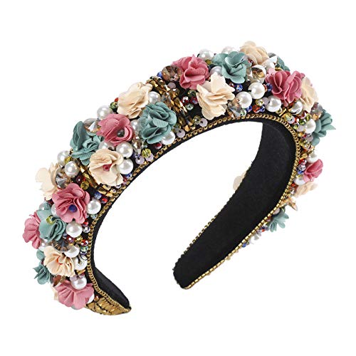 Padded Rhinestone Headband Baroque Hairband - Handmade Padded Velvet Baroque Headband Crystal Rhinestone Headbands for Women Festival Costume Headdress (Gold+flower)