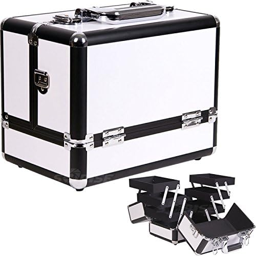 Professional Makeup Artist Make Up Cosmetic Studio Case Organizer With 6 Extendable Trays, Brush Holder, Key Lock, Carrier Handle & Travel Shoulder Strap. Spacious Design To Fit all Cosmetics & Beauty Accessories - White & Black Aluminum Trimming