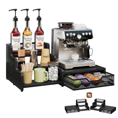 Image of Coffee Station Organizer Compatible with Nespresso Vertuo Pods, Holds 48 Small or 32 Large Pods, 3-Tier Coffee Bar Organizer with K-Cup Holder, Coffee Pod Drawer & Syrup Cups Rack for Accessories