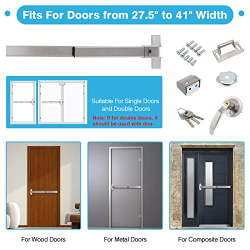 IRONWALLS Commercial Door Push Bar Panic Exit Device with Exterior Lever, 70cm/27.5” Stainless Steel Panic Bars for Exit Doors, Emergency Exit Panic Door Hardware for 28”-41” Wood Metal Door, Silver by IRONWALLS - Image 3