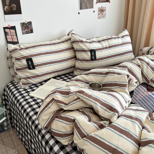 Image of Striped Duvet Cover Queen Size Brown Blue Stripes Bedding Set Retro Striped Geometric Pattern Duvet Cover Set Soft Lightweight Microfiber Quilt Cover with Zipper Closure and 2 Pillowcases