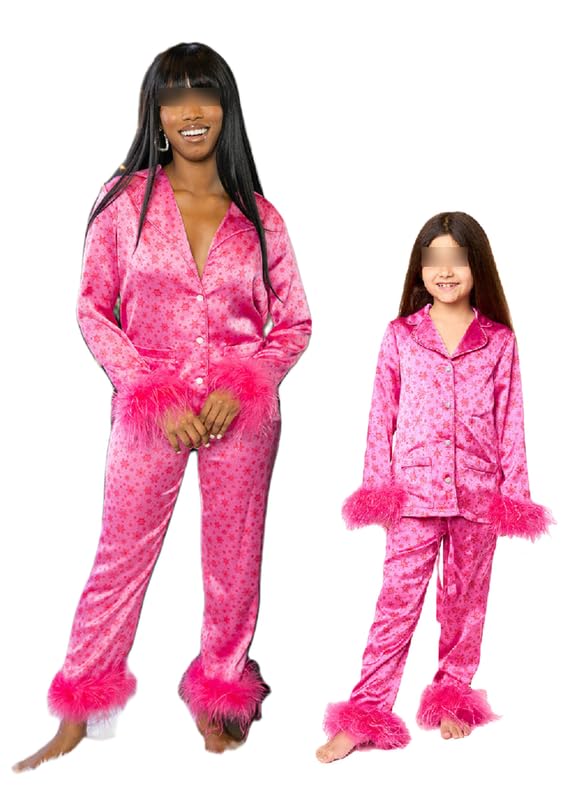 Mommy and Me Matching Christmas Pajamas Set Feather Fur Trim Xmas Pjs Set 2 Piece Silk Sleepwear for Women Girl