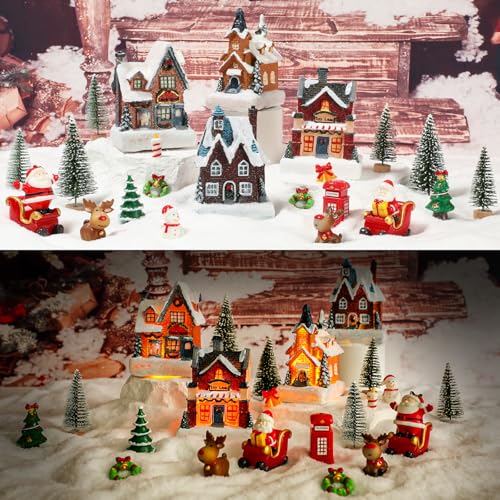 JOYOFXMAS 24Pcs Christmas Village Sets,Christmas Village Houses with LED Light, Christmas Town Scene Figurines Building Sets, Christmas Home Decor Collection Buildings — view 5