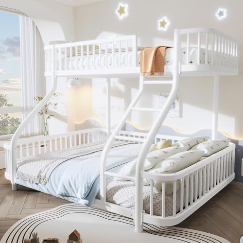 Ktipm Litera de 90x200 & 140x200 cm con Barandilla Anticaída y Escalera, Cama Infantil Literas para 2 Personas, Cama Litera Matrimonio con Estructura Metálica, Literas Infantiles, Sin Colchón, Blanco