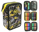 COOLPACK XXL Federtasche Federmappe 3-Fach Schulstiftetui, dreifaches Federmäppchen, Federmäppchen für einen Jungen | 44-teilig gefüllte Schüleretui 3-stöckig JUST Spray, E67574, Schwarz