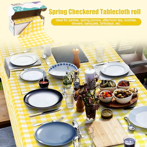 Image of Kochorie 54 Inch x 300 Ft Light Yellow Checkered Plastic Table Cloth Roll Disposable Waterproof Table Cover Plastic Table Cover Roll with Easy Slide Cutter for Outdoor Picnic /Home Dining /Spring Party