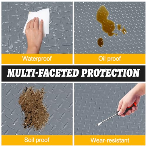 Grandroad auto 8x20 FT Garage Floor Mat, 2.8mm Thickened Flooring Roll for Under Car Diamond Plate PVC Rubber Mat with 20 Pcs Tapes, Non-Slip Floor Mat for Garage, Warehouse, Gyms, Trailer, Gray