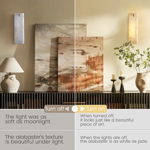 Image of Rectangular Alabaster Wall Sconce 16 Inch, Natural Spanish Stone Brass Gold Wall Light, Modern Marble Sconces Dimmable E12 Hardwired Bathroom Vanity Light Fixture for Mirror, Bedroom, Hallway(1 Pcs)