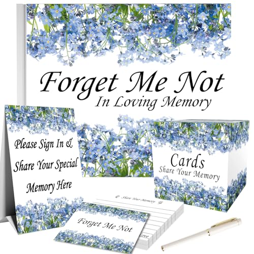 uhearem Funeral Guest Book Set, Celebration of Life Guest Book, Memorial Guest Book, Incldes 60 Memory Cards, 2 Pens, 1 Table Sign, 1 Card Box (White)