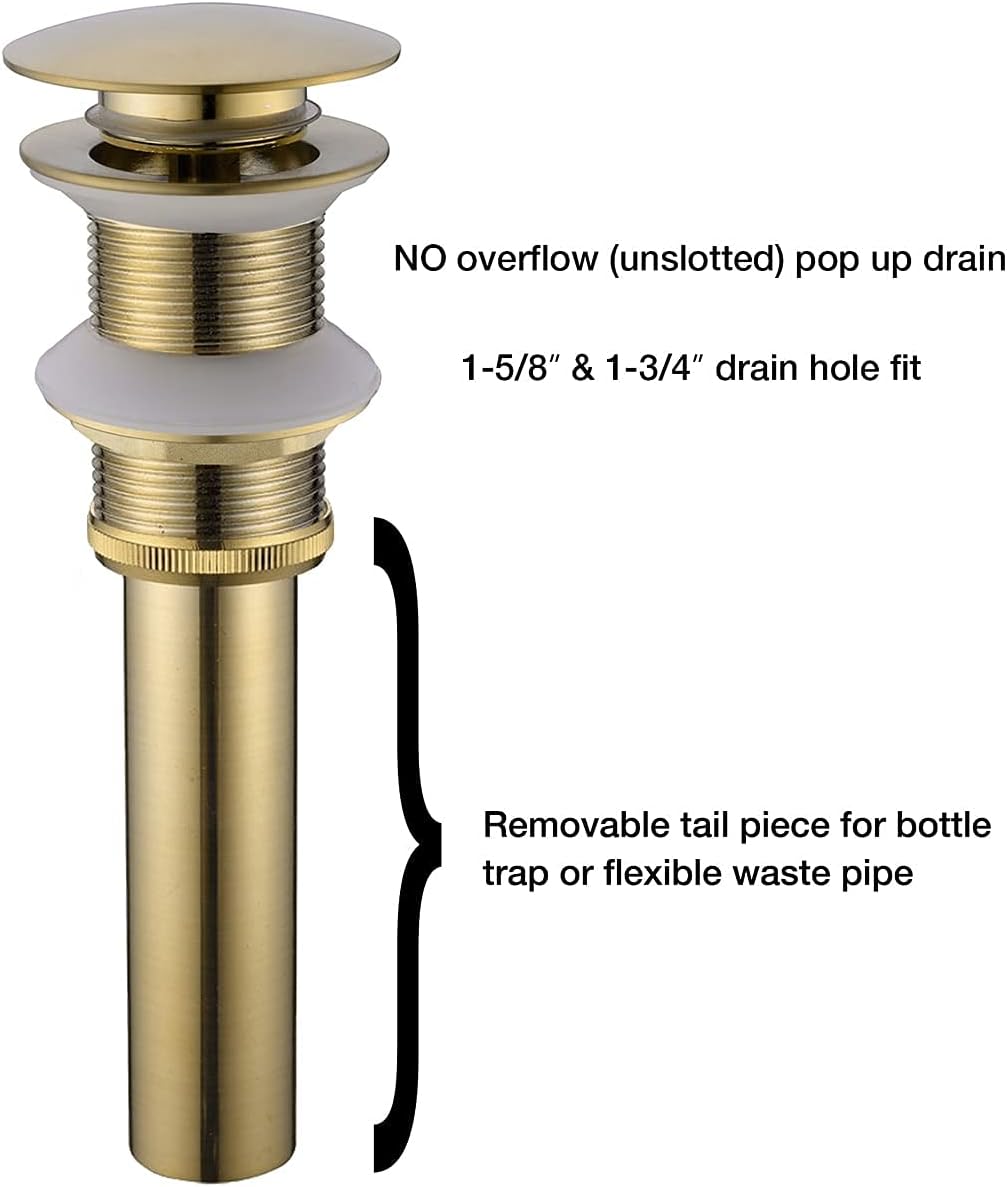 Brass Brushd Gold Bottle P Trap with Unslotted Pop Up Drain Bundle for no Overflow Bathroom Vanity Sink, Anti-Odor Wall Siphon Drainage