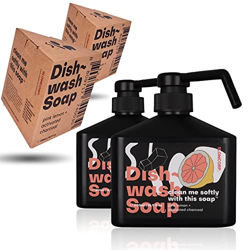 SLOWCORP. Liquid Dish Soap with Hand Moisturizing Activated Charcoal, Vitamin E, Aloe Vera, and Prebiotics, Scented Hypoallergenic Gel for Washing Dishes, Pink Lemon (16.9 fl. oz. (Pack of 2))