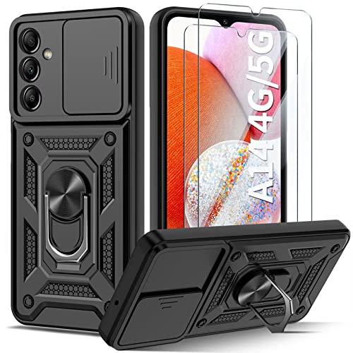 Guisessy Cover Compatibile con Samsung Galaxy A14 5G / 4G con 2 Pack Vetro Temperato, Protezione Fotocamera Anti Graffio Custodia 360°Rotante Anello Supporto Militare per Samsung A14 - Nero