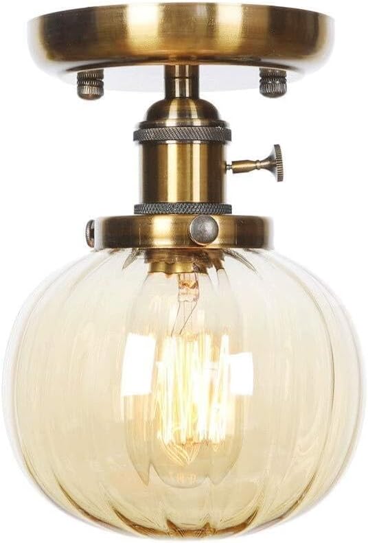 LOFT Retro Striped Glass Ball Lampshade Ceiling Lamp Semi Flush Mount Ceiling Light Fixture LED E27 Single Head Ceiling Lights for Bathroom Porch Kitchen Living Room Dining (Color : Chrome) Re