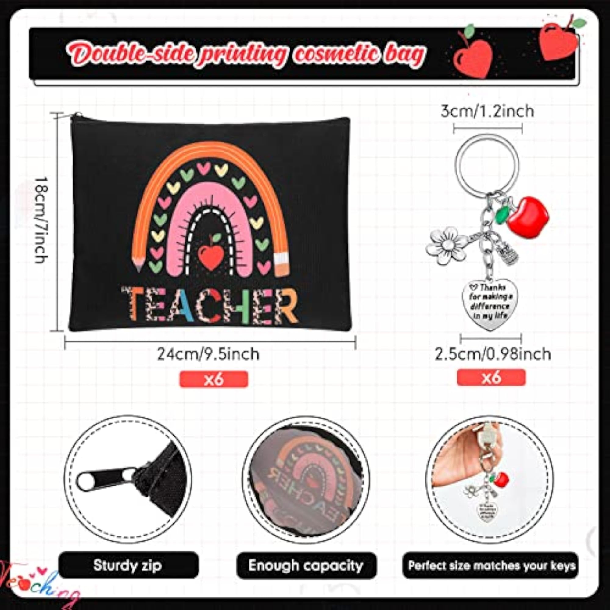 Teacher Appreciation Cosmetic Makeup Bags, 6 Pcs Set