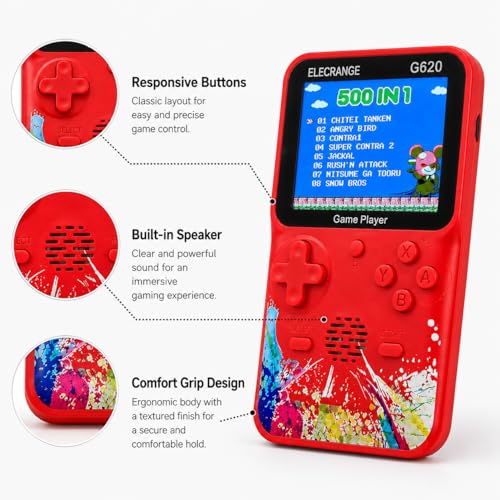 Image of G620 Handheld Game Console for Kids with 500 Built-in Retro Games, 3.0 Inch Colour LCD Screen, Rechargeable Portable Video Game Player with TV AV Output, USB Charging Cable, Multicolour