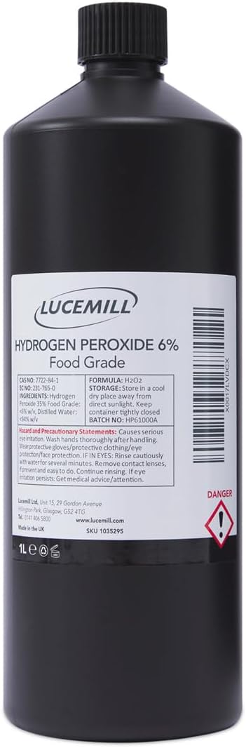 Lucemill Hydrogen Peroxide 6% Food Grade I 1 Litre I Liquid Hydrogen Peroxide Food Grade I Unstabilised I Eco Friendly I Additive Free