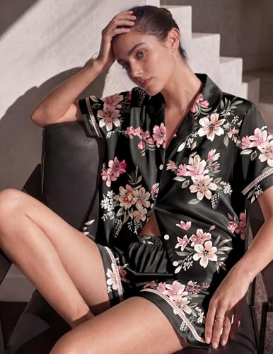 Image of Ekouaer Womens Silk Pajama Sets Button Up Satin Pjs Short Sleeve 2 Piece Pj Sets Cute Lounge Sets with Chest Pocket