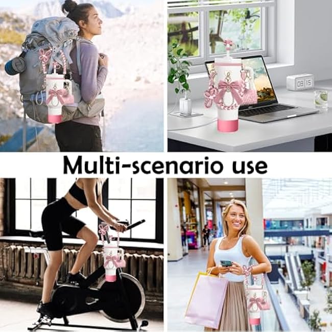 Stanley Cup accessories, butterfly-themed set, including straw cover, silicone cover, water bottle handle strap, Stanley Cup pendant, suitable for 30oz & 40oz Stanley Cup (Pink)