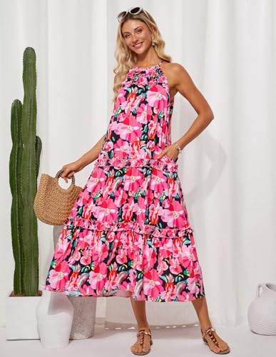 Image of GRACE KARIN 2026 Women's Floral Halter Maxi Dress Boho Summer Beach Sundress with Tiered Ruffle Skirt