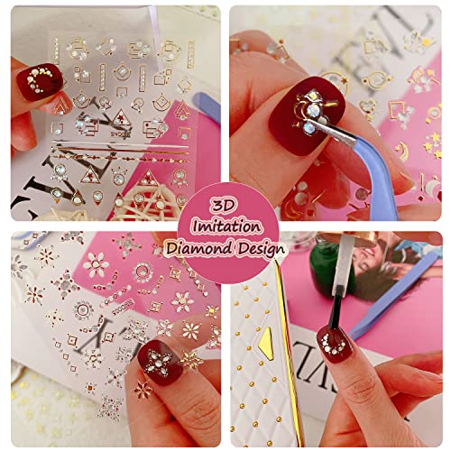 20 Sheet 3D Nail Art Stickers,Gold/Diamond Design Luxury Nail Self-Adhesive Decals Customized Metallic Nail Stickers For Women Girls Salon Home Diy Nail,Nail Tweezers Included #TOP2