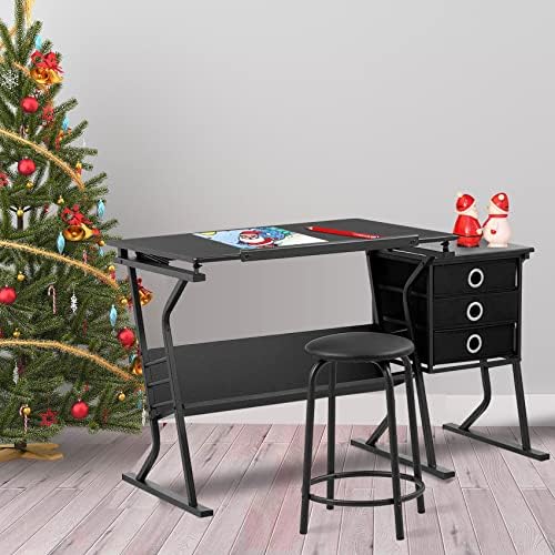 STATIONERY ISLAND Drawing Table Oxna - Art and Crafts Desk - Height Adjustable Artist Drafting Table - Tiltable - Storage, Stool & Clips - For Graphic Design, Drawing, Painting, Work & Study