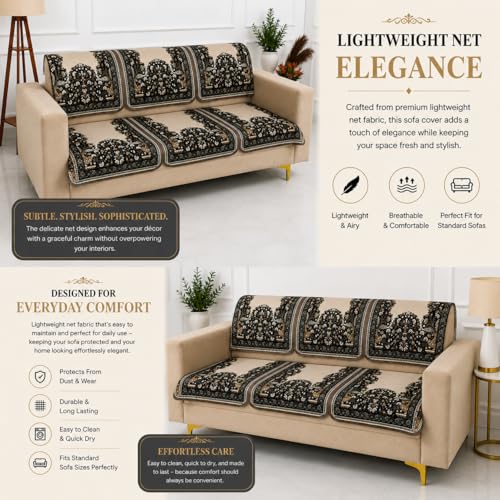 Image of Homerz Premium 'Maharaja Paradise Series' Sofa Cover | Net Fabric Sofa Cover | Washable, Anti-Dust Backed & Wrinkle Resistant Cover (Beige Empress, 7 (3+2+2) Seater, Seat Cover with Backrest)